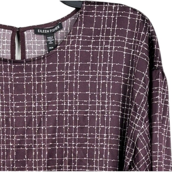 NWT Eileen Fisher silk Casis top Size M Round neck burgundy color pattern bric - Picture 1 of 7